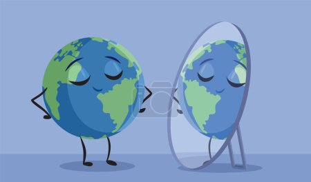 Téléchargez les illustrations : Happy Cartoon Earth Regardant dans le miroir Illustration vectorielle - en licence libre de droit