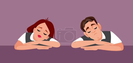 Téléchargez les illustrations : Couple fatigué se sentant endormi assis à la table Dessin animé vectoriel - en licence libre de droit