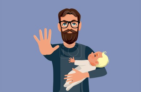 Father Holding baby Making a Stop Gesture vector Cartoon Illustration
