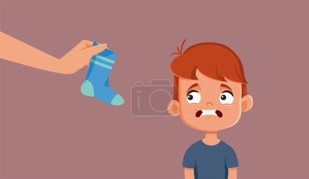 Ilustración de Madre mostrando un calcetín sucio a su pequeño niño avergonzado Vector de dibujos animados - Imagen libre de derechos