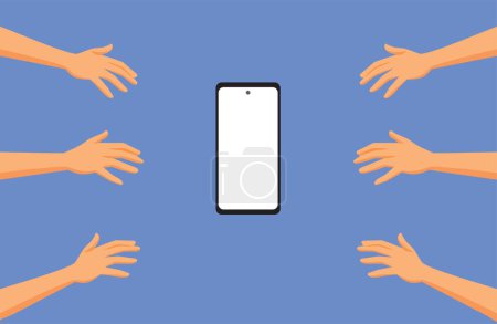 Hands Reaching to Grab a Mobile Phone Vector Concept Illustration