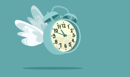 Téléchargez les illustrations : Time Flies Vector Concept Dessin animé Illustration d'une horloge. Affiche conceptuelle vectorielle d'un réveil avec ailes - en licence libre de droit