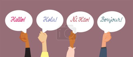Illustration for Hands Holding Hello Placard Signs Vector Cartoon Illustration - Royalty Free Image