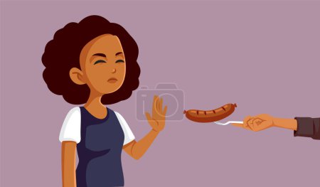 Illustration for Vegan Girl Saying no to Meat Sausage Vector Cartoon Illustration - Royalty Free Image
