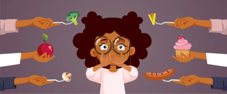 Téléchargez les illustrations : Little Girl Not Wanting to Eat Being Overfed Vector Cartoon Illustration. Enfant malade suralimenté différentes options pour le déjeuner - en licence libre de droit