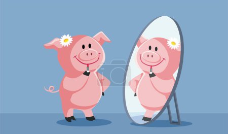 Illustration for Pig Putting on Lipstick Smiling in the Mirror Vector Cartoon - Royalty Free Image
