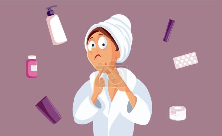 Woman With Acne Desperate to Find a Cure Vector Cartoon Illustration