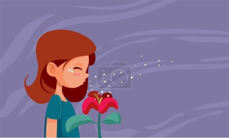 Téléchargez les illustrations : Fille allergique touchée par le pollen pendant la saison printanière Illustration de bande dessinée vectorielle - en licence libre de droit