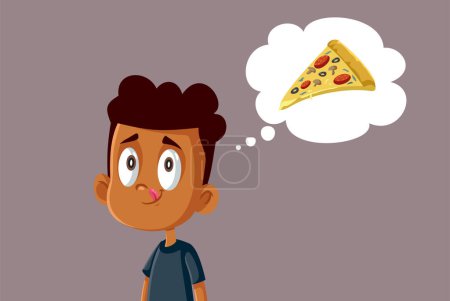 Illustration for Hungry Kid Thinking about Pizza Snack Vector Cartoon Illustration - Royalty Free Image