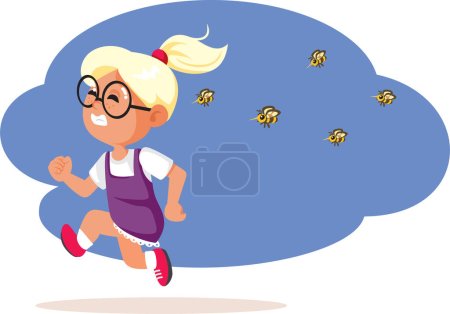 Ilustración de Alérgica niña huyendo de las abejas peligrosas Vector ilustración de dibujos animados - Imagen libre de derechos