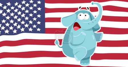 Téléchargez les illustrations : Éléphant républicain effrayé sur le drapeau américain Illustration de dessin animé vectoriel - en licence libre de droit