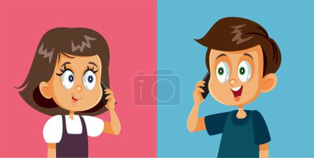 Téléchargez les illustrations : Garçon et fille parlant au téléphone avec l'autre illustration vectorielle de bande dessinée - en licence libre de droit