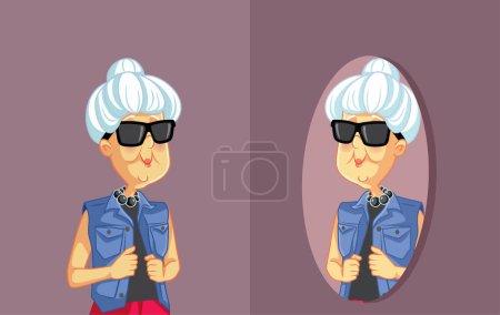 Illustration for Older Fashionista Woman Checking herself in the Mirror Vector Cartoon - Royalty Free Image