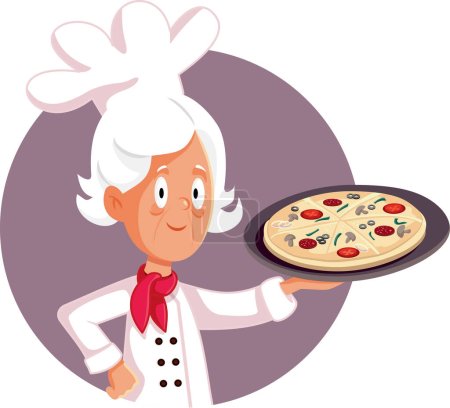 Téléchargez les illustrations : Grand-mère italienne cuisine une délicieuse illustration de dessin animé vectoriel de pizza. - en licence libre de droit