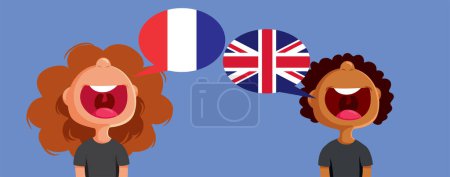 Illustration for Girl and Boy Communicating in French and English Language Vector Cartoon - Royalty Free Image