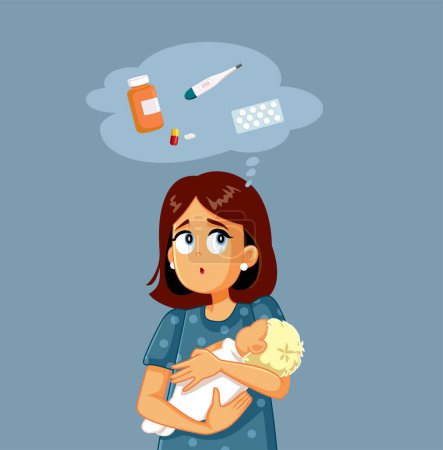 Ilustración de Mamá pensando en una cura para su pequeño bebé con dibujos animados de vectores fríos - Imagen libre de derechos
