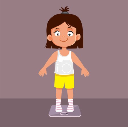 Illustration for Little Girl on a Scale Weighing Herself Vector Cartoon Illustration. Child healthy development measured in weight gains by age - Royalty Free Image