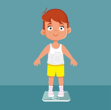 Illustration for Little Boy on a Scale Weighing Herself Vector Cartoon Illustration - Royalty Free Image