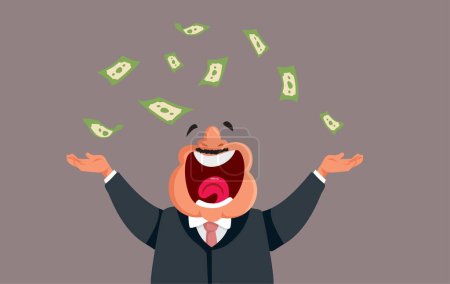 Fröhlicher Geschäftsmann, der mit Geld wirft, zeigt Wohlstandsvektor-Cartoon