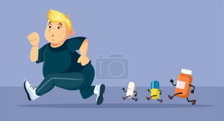 Illustration for Overweight Person Running Away from Pills and Health Problems Concept Illustration - Royalty Free Image