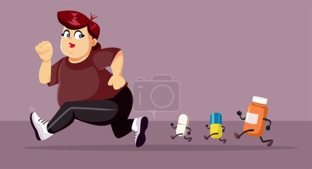 Illustration for Obese Person Running Away from Pills and Health Problems Concept Illustration. Woman suffering from obesity related diseases scared of treatment - Royalty Free Image