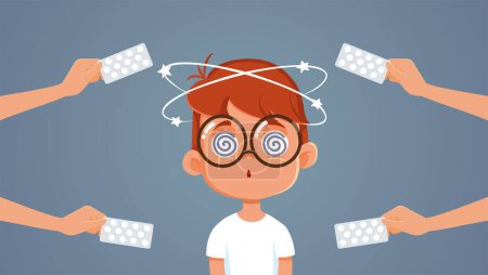 Illustration for Sick Dizzy Child Receiving Medication and Treatment Vector Cartoon Nauseated boy taking the proper vertigo medicine in a clinic - Royalty Free Image