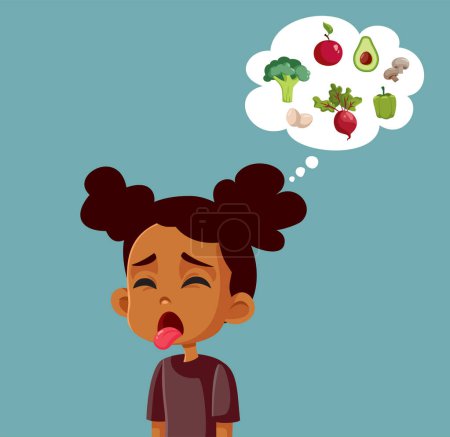 Téléchargez les illustrations : Mangeur difficile qui n'aime pas les légumes et fruits sains Illustration vectorielle de bande dessinée - en licence libre de droit