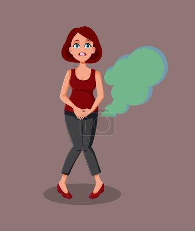Woman Farting Due to Health Problems Vector Cartoon Illustration Bloated constipated girl suffering after food poisoning 