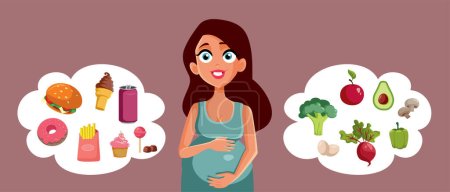 Ilustración de Mujer embarazada elegir entre dieta saludable y malsana Vector de dibujos animados - Imagen libre de derechos