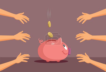 People Reaching for the Coins in the Piggy Bank Vector Cartoon illustration