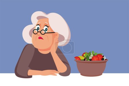 Téléchargez les illustrations : Malheureuse femme âgée ne mangeant pas n'ayant pas d'appétit vecteur Illustration - en licence libre de droit