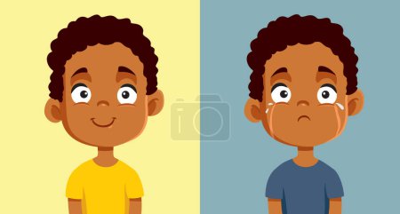 Téléchargez les illustrations : Heureuse ou triste émotion dépeinte par le petit enfant d'origine africaine - en licence libre de droit