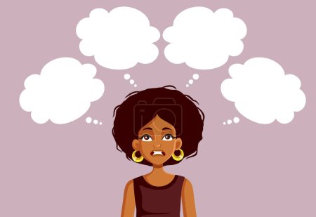 Téléchargez les illustrations : Femme stressée ayant beaucoup de pensées Surpenser ses problèmes Dessin animé vectoriel - en licence libre de droit