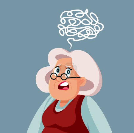 Illustration for Elderly Grandma Feeling Puzzled Having Tangled Thoughts Vector Cartoon - Royalty Free Image
