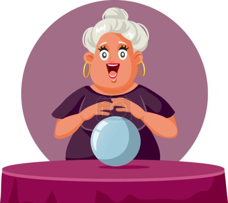 Téléchargez les illustrations : Drôle de Fortune Teller Femme avec boule de cristal magique vectoriel dessin animé - en licence libre de droit