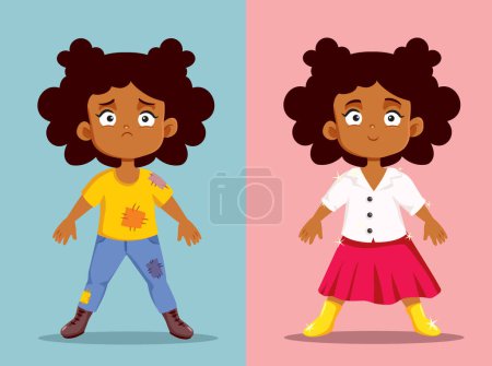 Illustration for Little Girl Wearing Old versus New Clothes Vector Cartoon illustration - Royalty Free Image