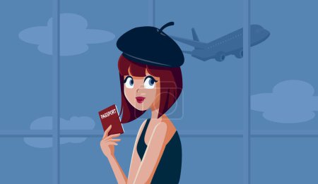 Ilustración de Chica de viaje sosteniendo su pasaporte en un aeropuerto Vector ilustración de dibujos animados - Imagen libre de derechos