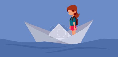 Illustration for Sad Little Girl Sitting in a Paper Boat Vector Concept illustration - Royalty Free Image