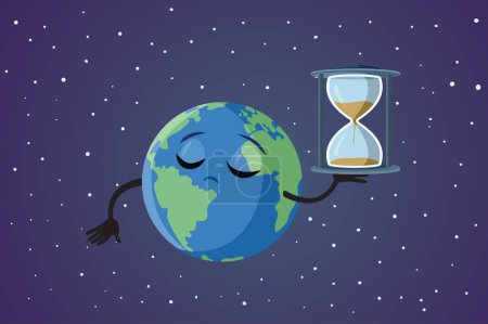 Erde-Maskottchen hält eine Sandglasvektor-Karikatur zur Illustration