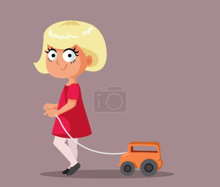 Téléchargez les illustrations : Petite fille jouant avec un jouet Illustration de dessin animé vectoriel de voiture - en licence libre de droit