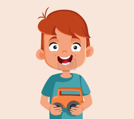 Kleiner Junge mit seinem Lieblingsspielzeugauto Vektor Cartoon Illustration