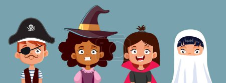 Téléchargez les illustrations : Enfants drôles habillés en costumes d'Halloween illustration vectorielle de bande dessinée - en licence libre de droit