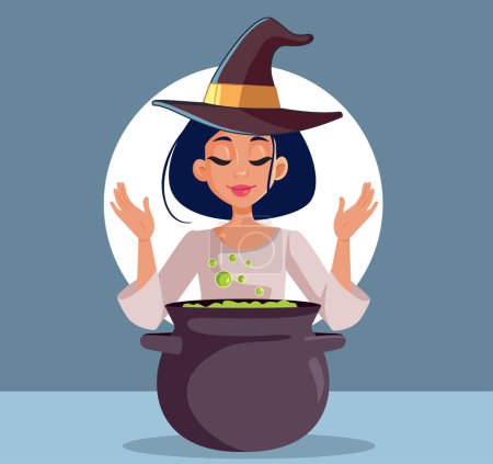 Ilustración de Hermosa bruja haciendo una poción mágica en un caldero Vector de dibujos animados - Imagen libre de derechos