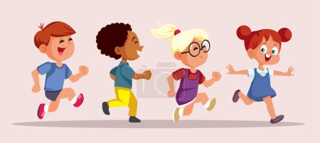 Funny Group of Kids Running Together Vector Cartoon illustration