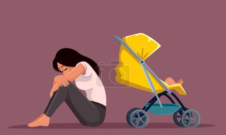 Mother Suffering from Postpartum Depression and Anxiety Vector Drawing Illustration