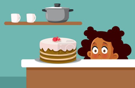 Illustration for Little Girl Craving for the Cake on the Table Vector Cartoon illustration - Royalty Free Image