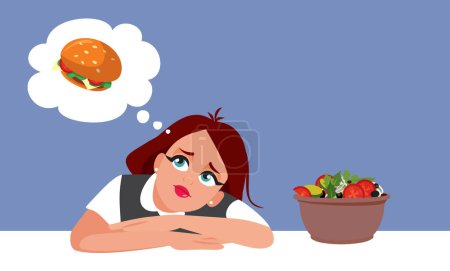 Ilustración de Mujer con una Ensalada de Dieta Pensando en un personaje de Vector de Hamburguesa - Imagen libre de derechos
