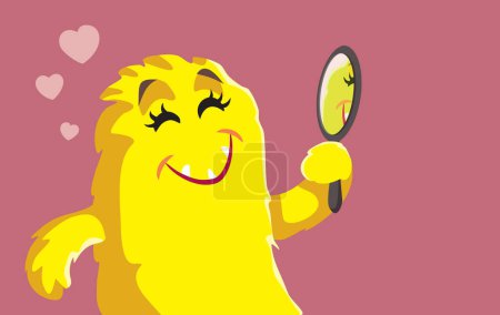 Illustration for Self-Loving Monster Looking in the Mirror Vector Cartoon illustration - Royalty Free Image