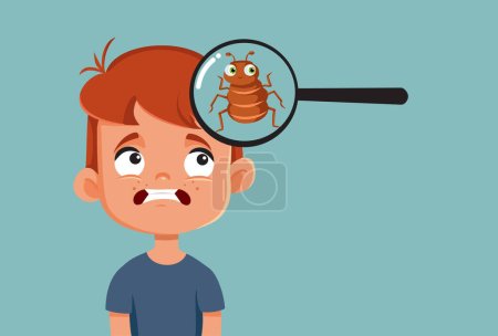 Boy with Lice Being Analyzed with a Magnifying Glass Vector Cartoon