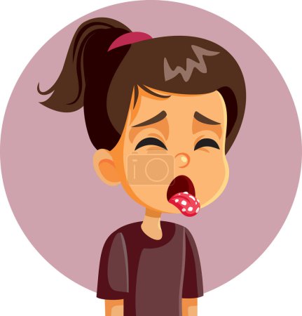 Petite fille souffrant d'infection fongique blanche sur sa bande dessinée vectorielle de la langue